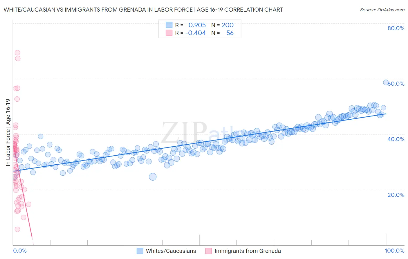 White/Caucasian vs Immigrants from Grenada In Labor Force | Age 16-19