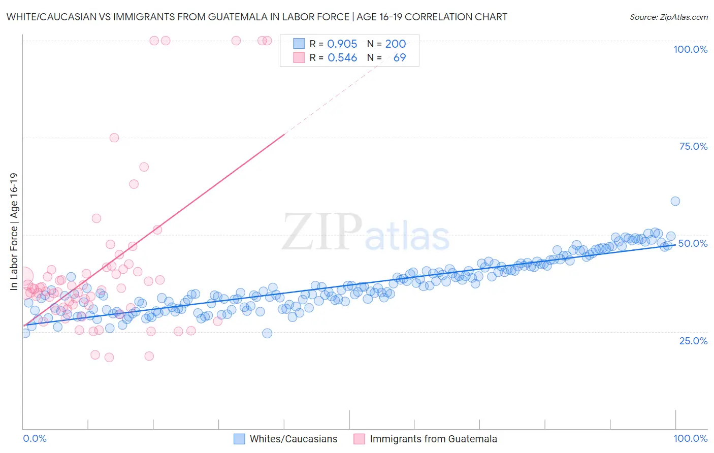 White/Caucasian vs Immigrants from Guatemala In Labor Force | Age 16-19
