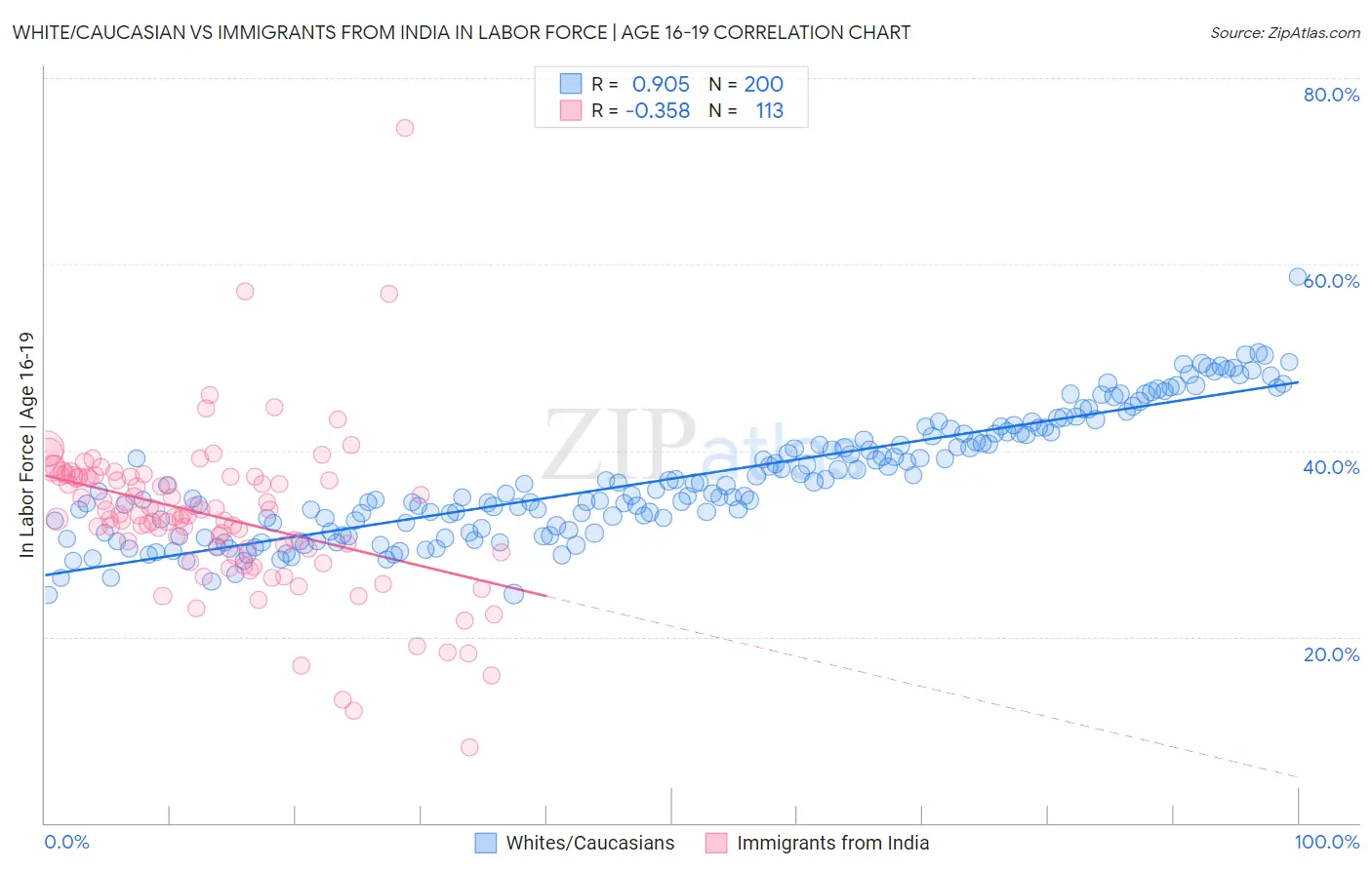 White/Caucasian vs Immigrants from India In Labor Force | Age 16-19
