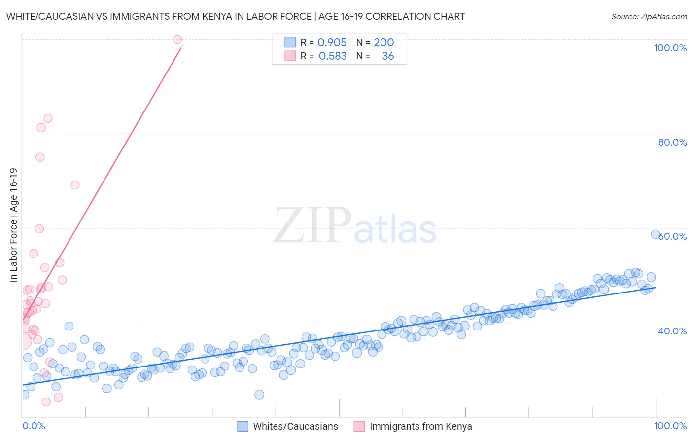 White/Caucasian vs Immigrants from Kenya In Labor Force | Age 16-19