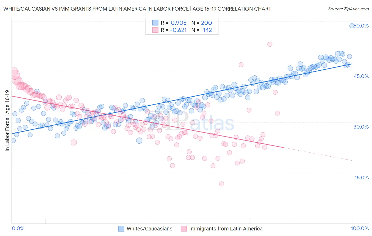 White/Caucasian vs Immigrants from Latin America In Labor Force | Age 16-19