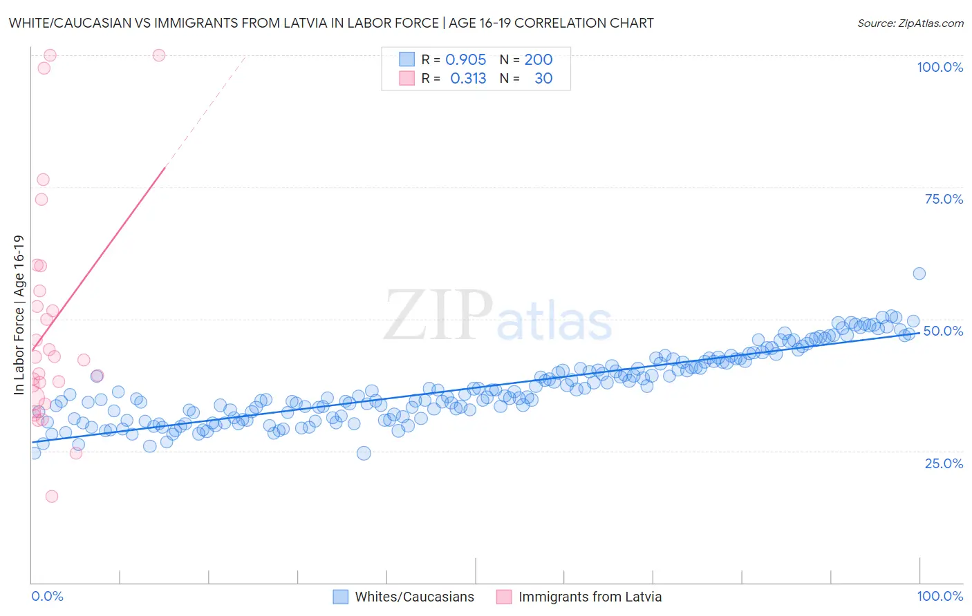 White/Caucasian vs Immigrants from Latvia In Labor Force | Age 16-19