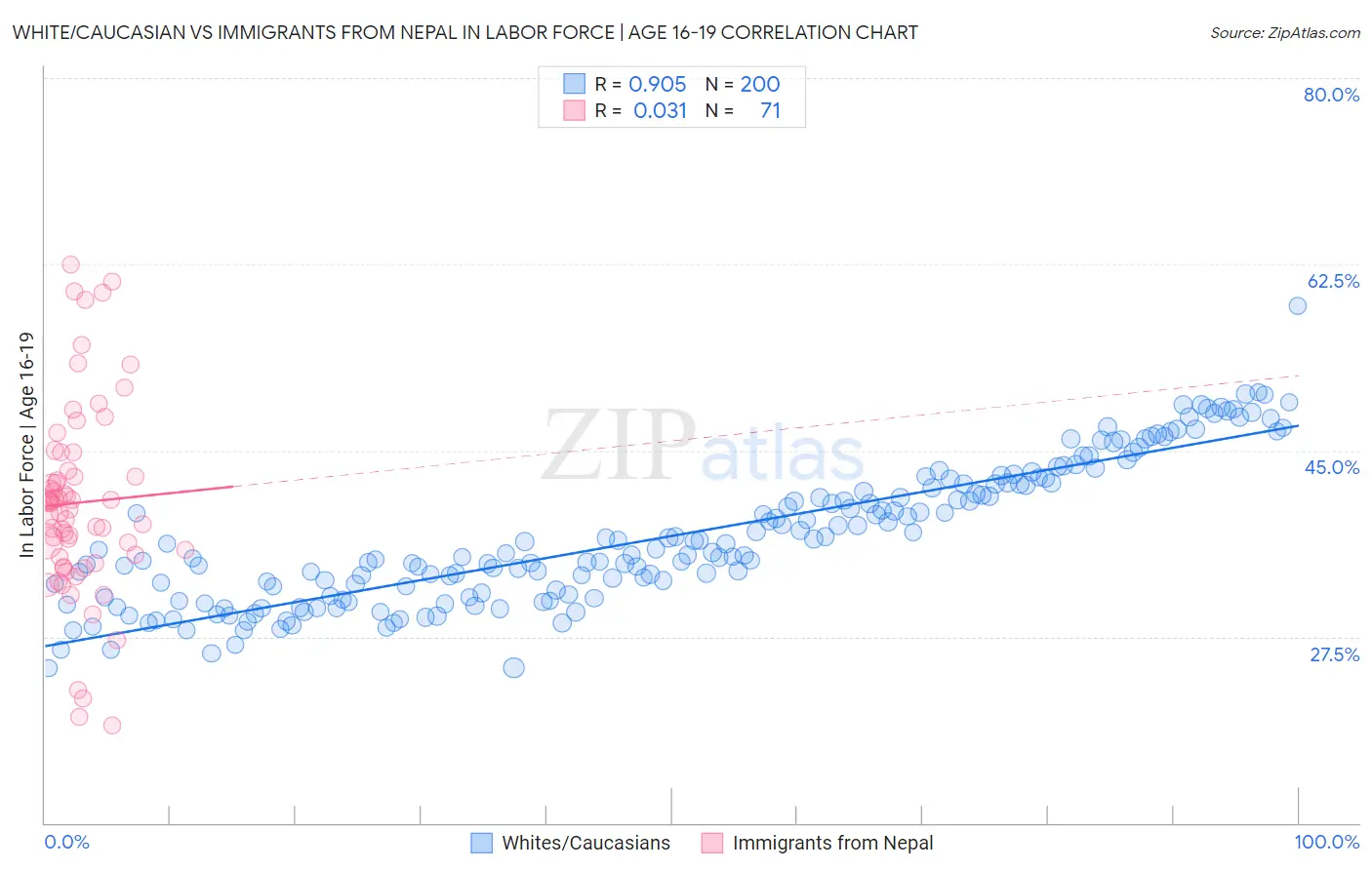 White/Caucasian vs Immigrants from Nepal In Labor Force | Age 16-19