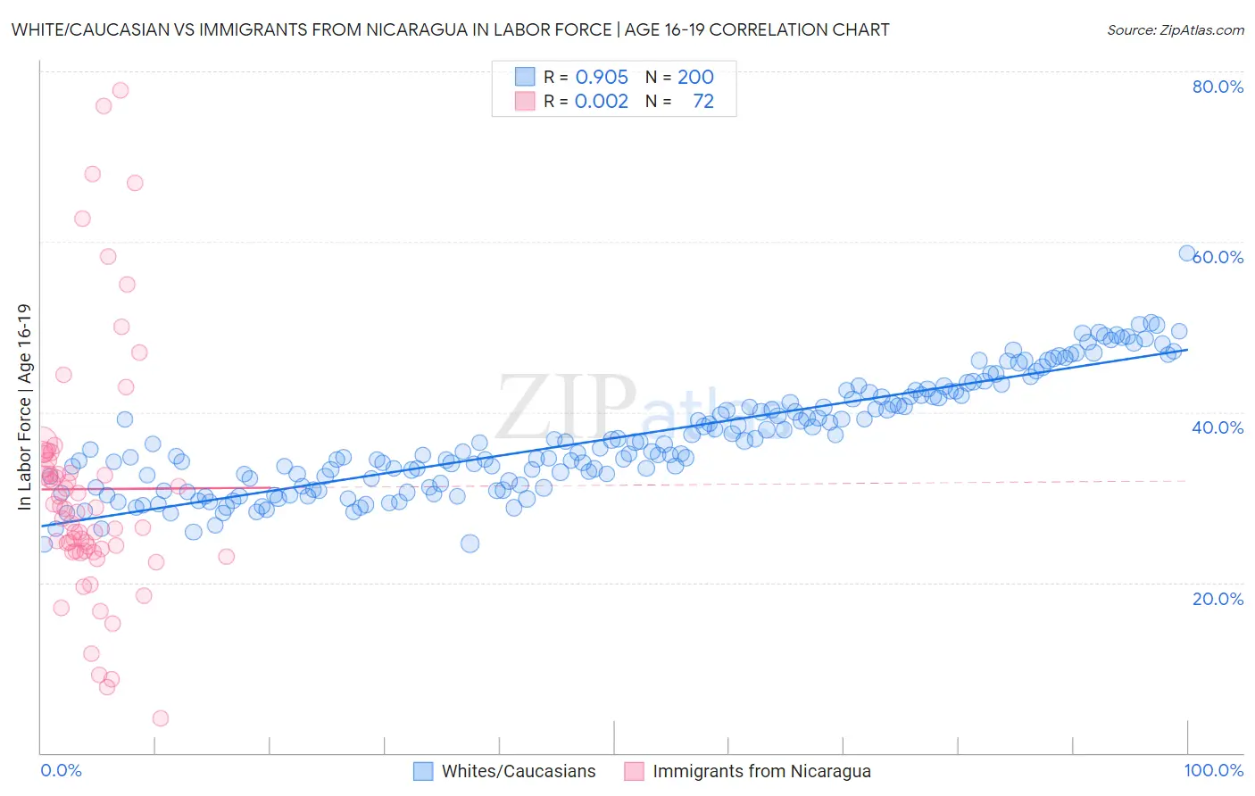 White/Caucasian vs Immigrants from Nicaragua In Labor Force | Age 16-19