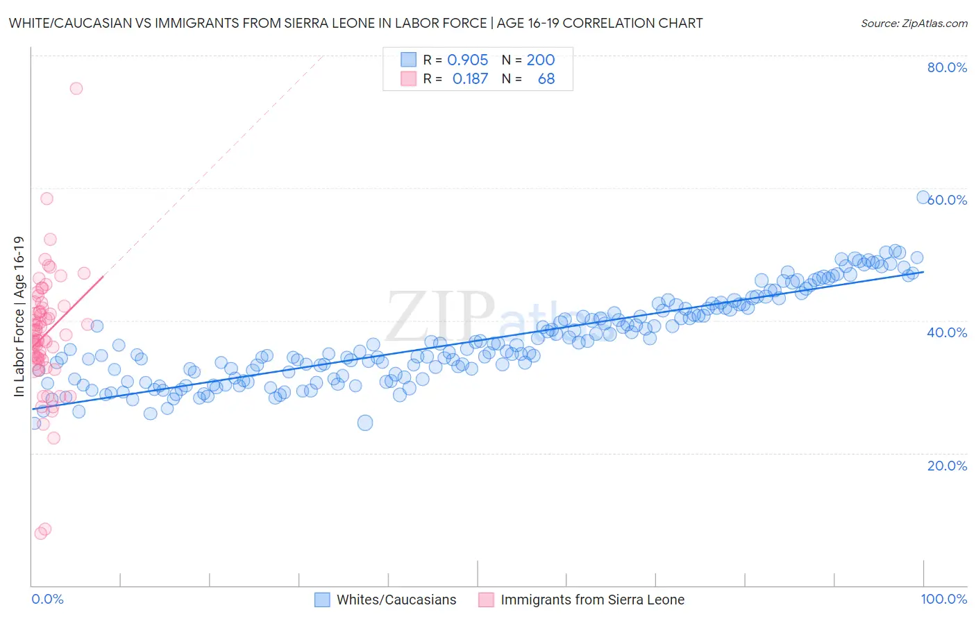 White/Caucasian vs Immigrants from Sierra Leone In Labor Force | Age 16-19
