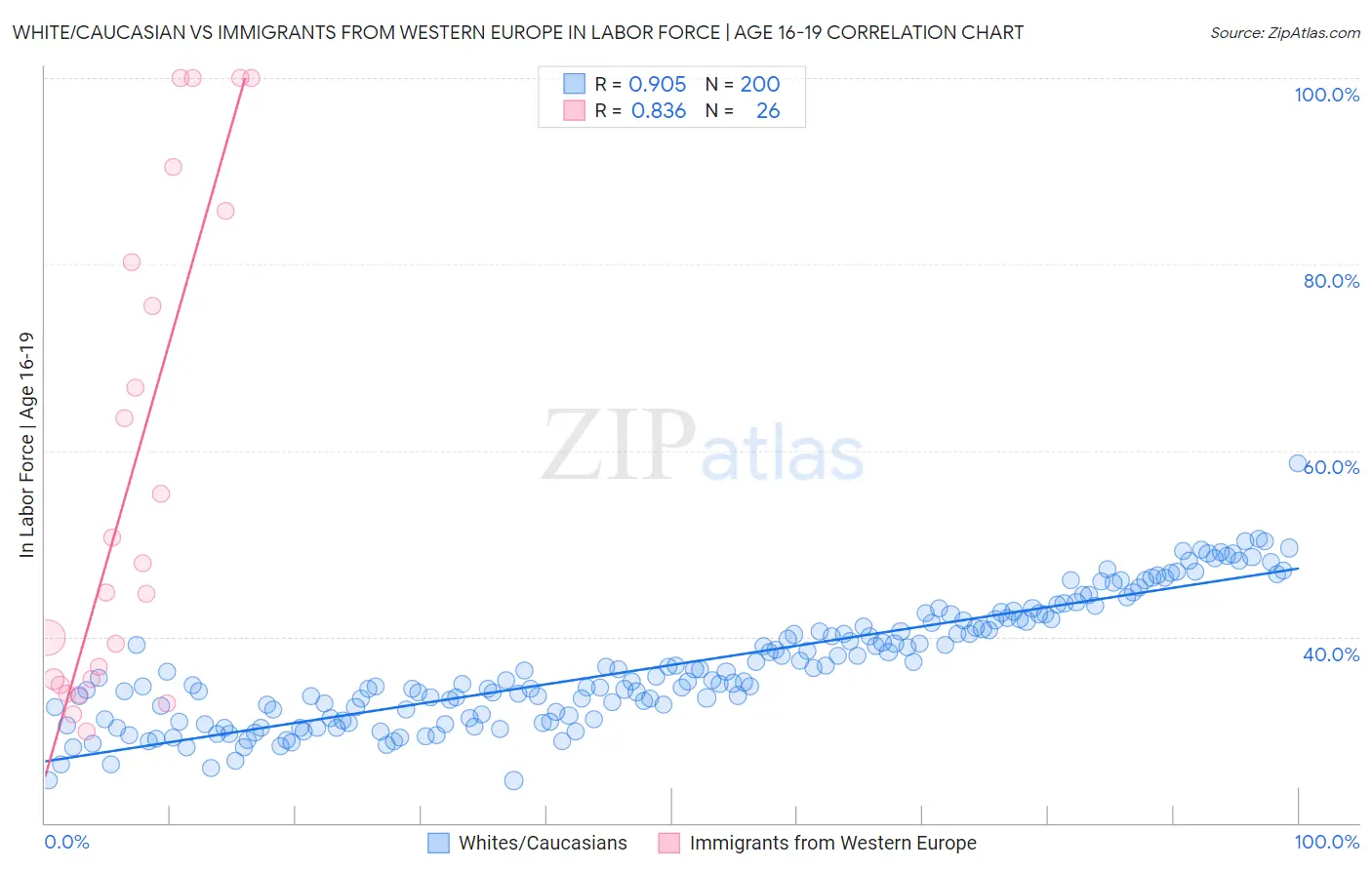 White/Caucasian vs Immigrants from Western Europe In Labor Force | Age 16-19