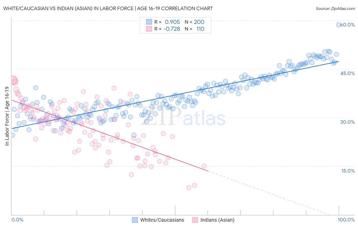White/Caucasian vs Indian (Asian) In Labor Force | Age 16-19