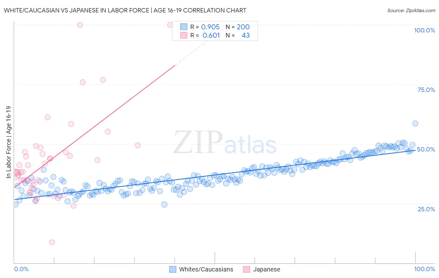 White/Caucasian vs Japanese In Labor Force | Age 16-19