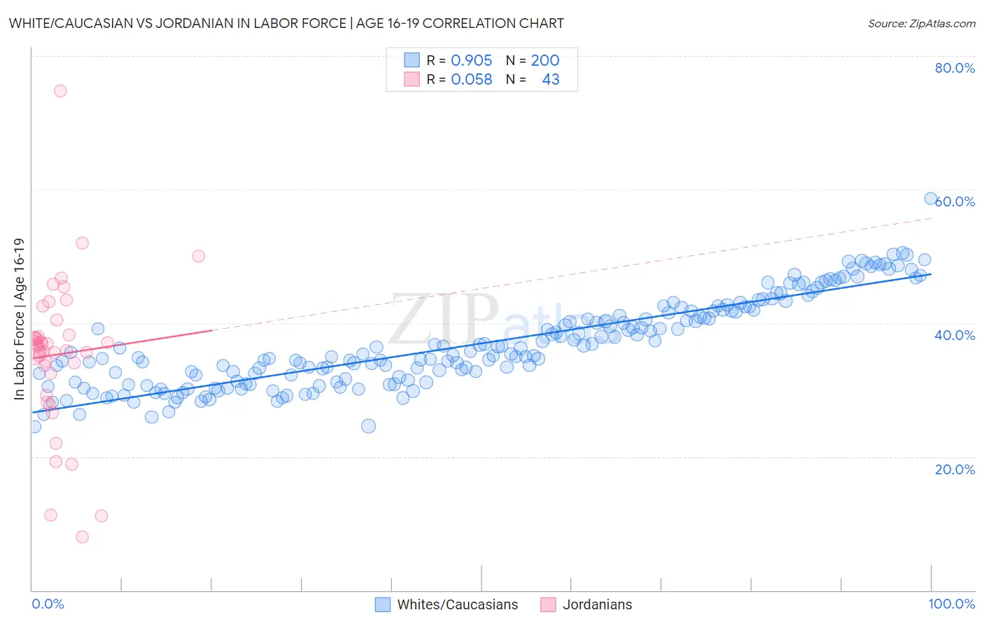 White/Caucasian vs Jordanian In Labor Force | Age 16-19