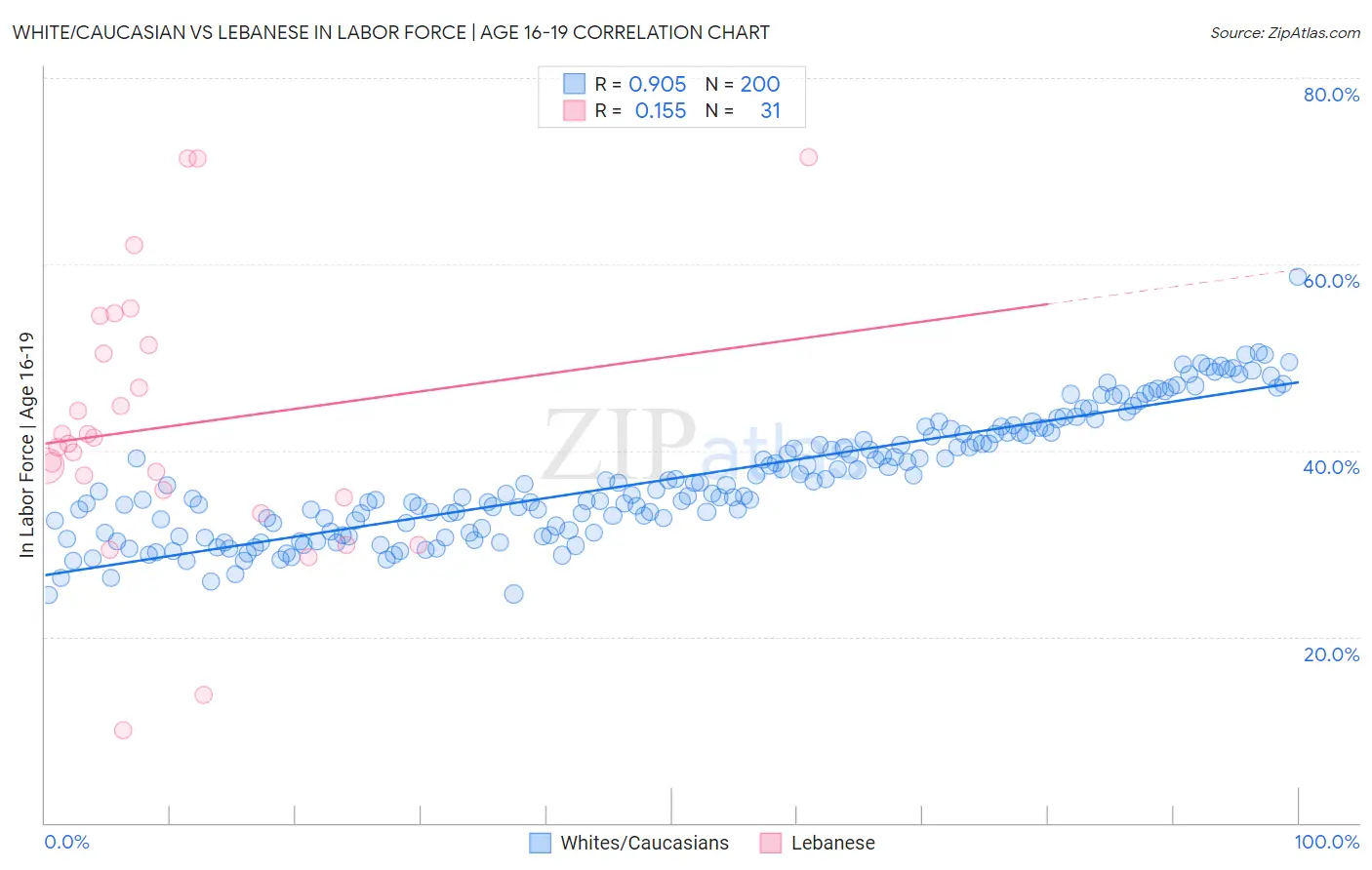 White/Caucasian vs Lebanese In Labor Force | Age 16-19