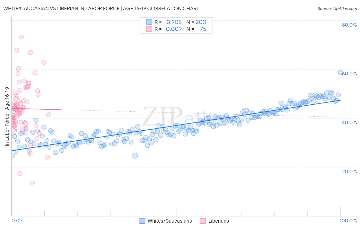 White/Caucasian vs Liberian In Labor Force | Age 16-19