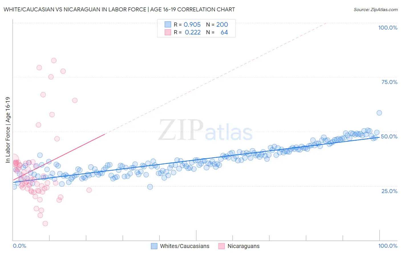 White/Caucasian vs Nicaraguan In Labor Force | Age 16-19