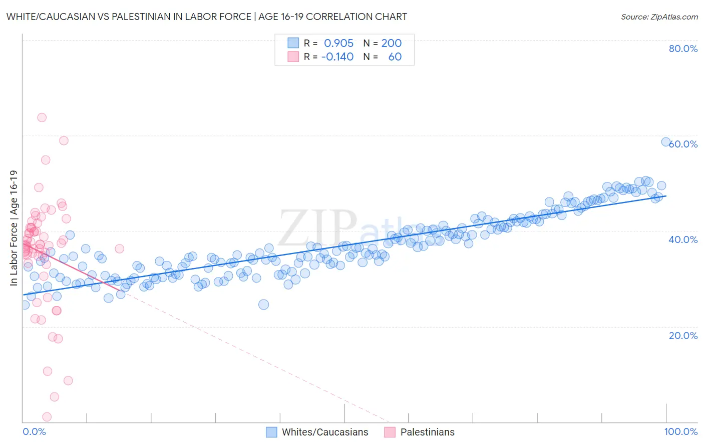 White/Caucasian vs Palestinian In Labor Force | Age 16-19