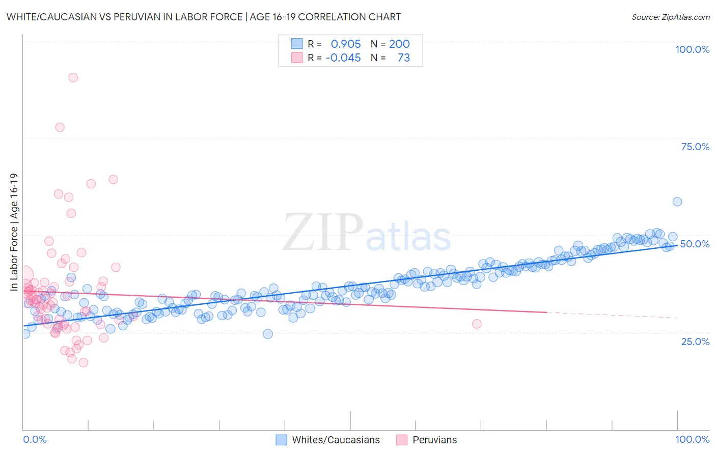 White/Caucasian vs Peruvian In Labor Force | Age 16-19