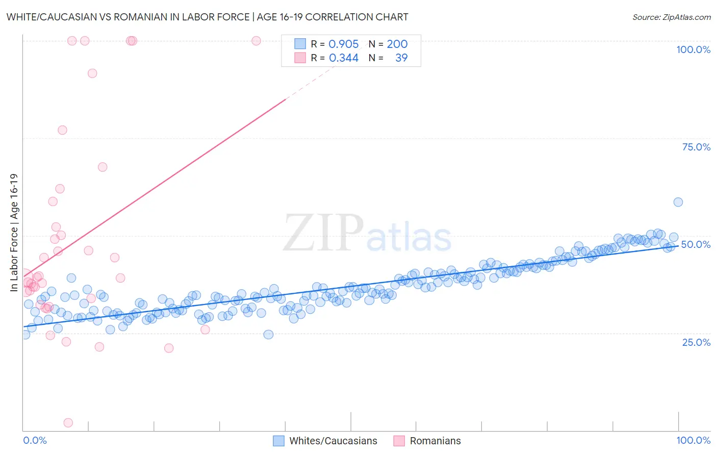 White/Caucasian vs Romanian In Labor Force | Age 16-19