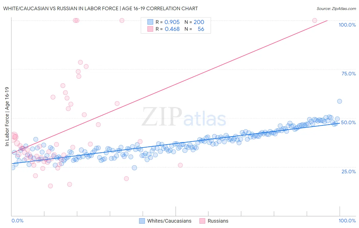 White/Caucasian vs Russian In Labor Force | Age 16-19