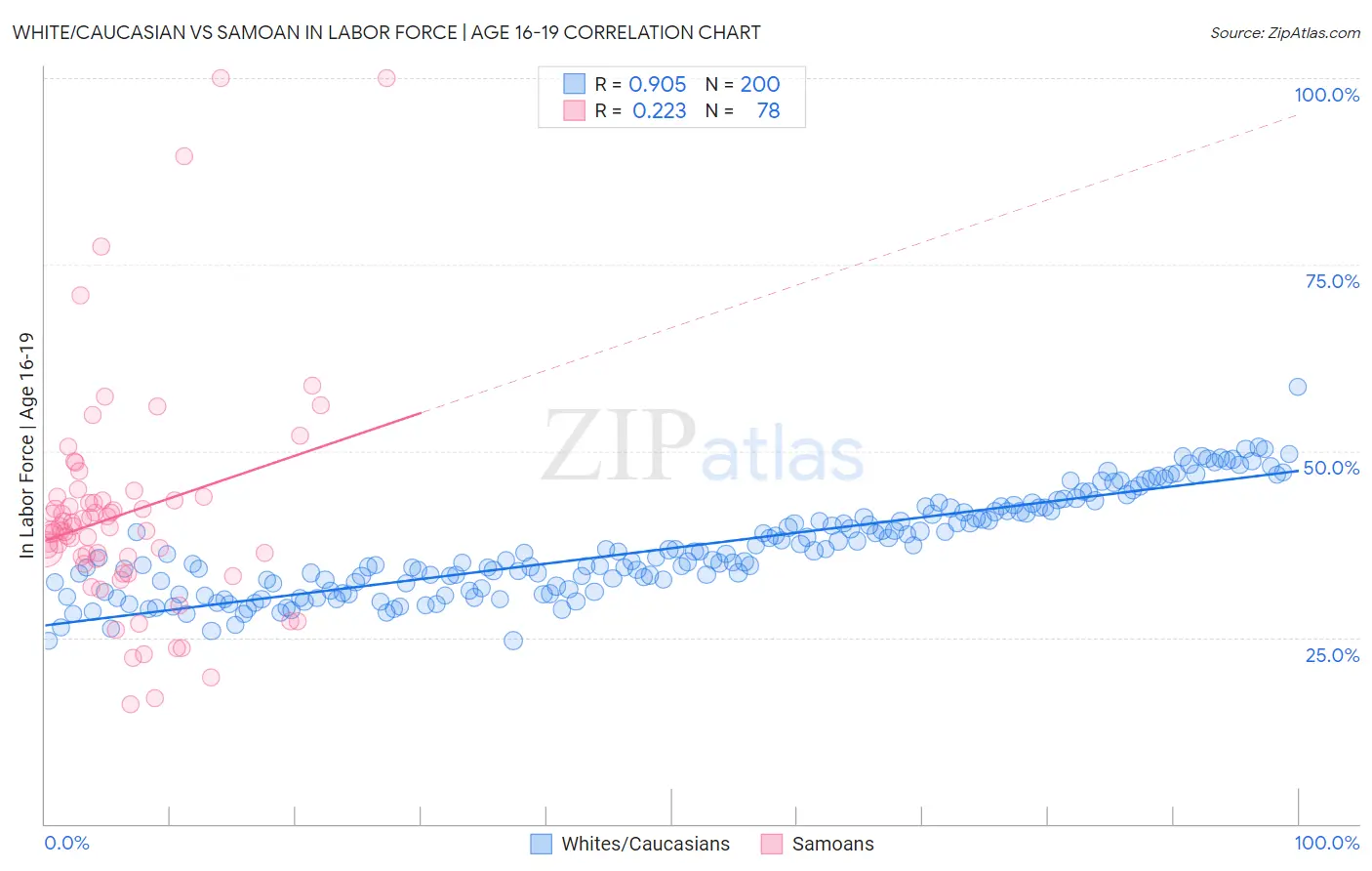White/Caucasian vs Samoan In Labor Force | Age 16-19
