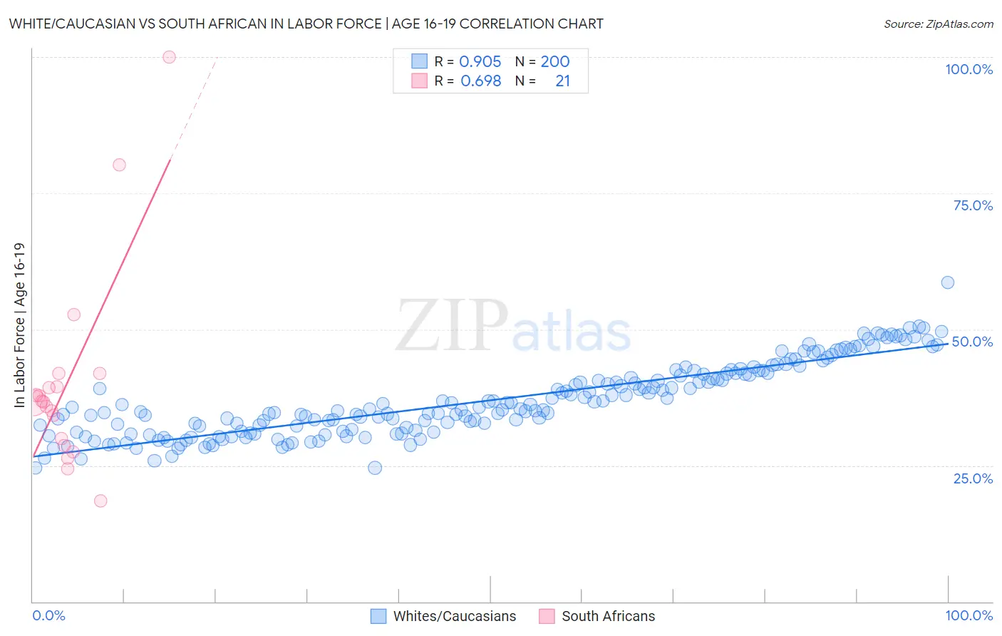 White/Caucasian vs South African In Labor Force | Age 16-19