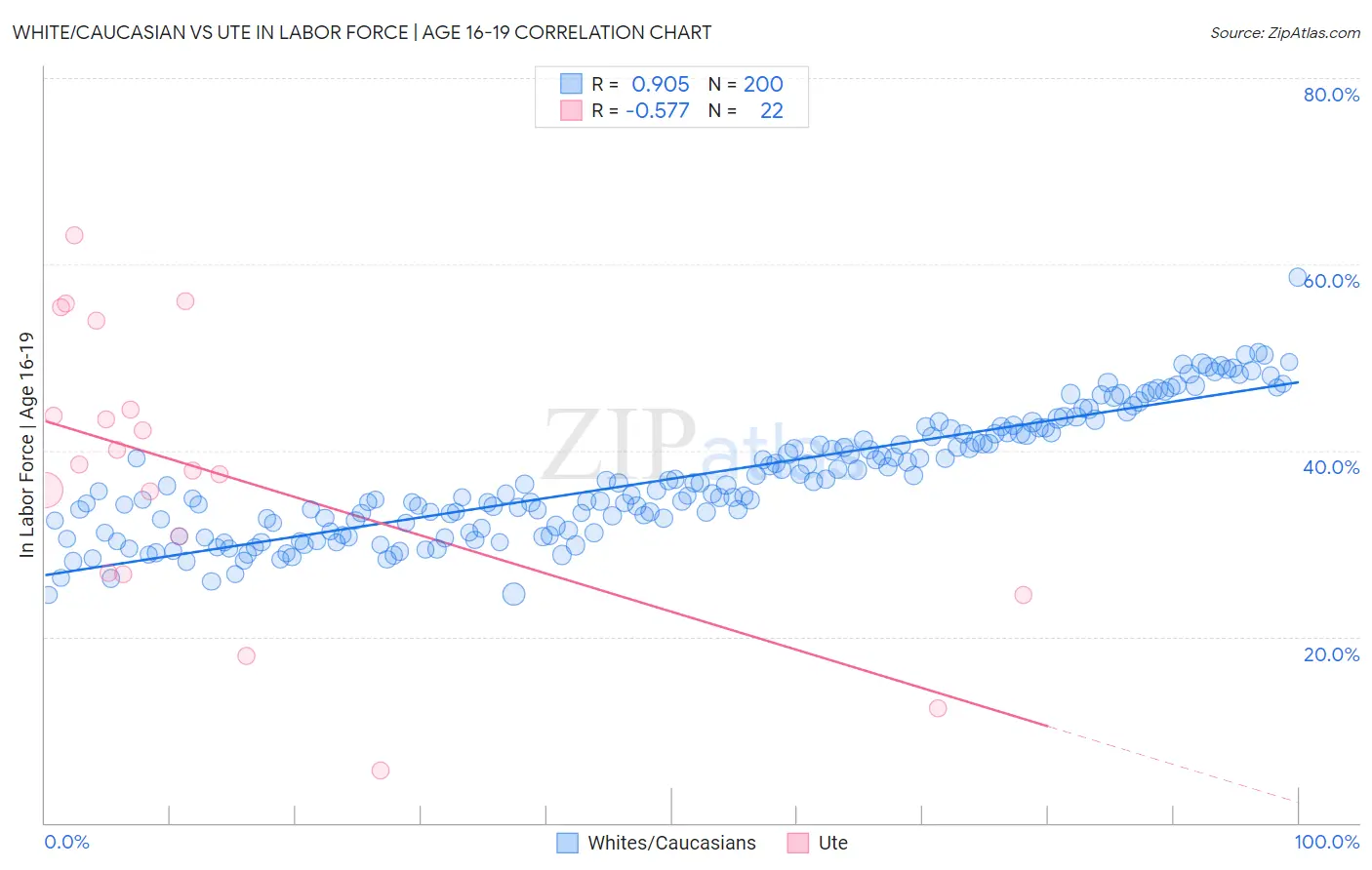 White/Caucasian vs Ute In Labor Force | Age 16-19
