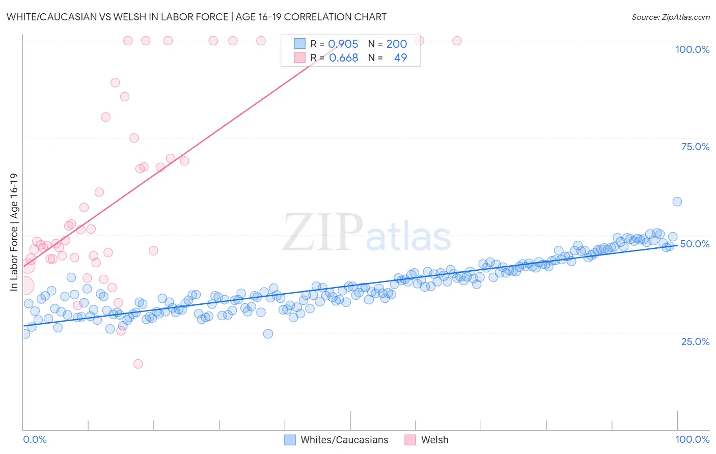 White/Caucasian vs Welsh In Labor Force | Age 16-19