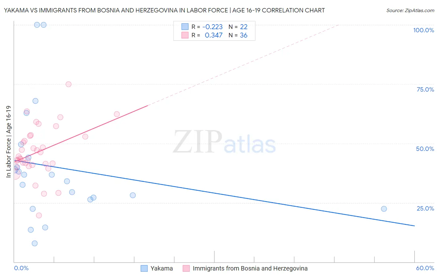 Yakama vs Immigrants from Bosnia and Herzegovina In Labor Force | Age 16-19