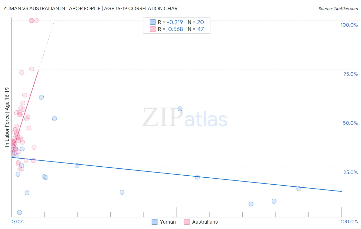 Yuman vs Australian In Labor Force | Age 16-19