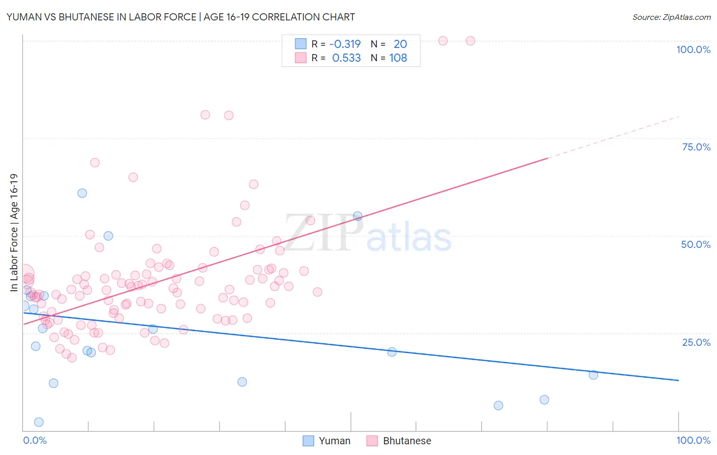 Yuman vs Bhutanese In Labor Force | Age 16-19