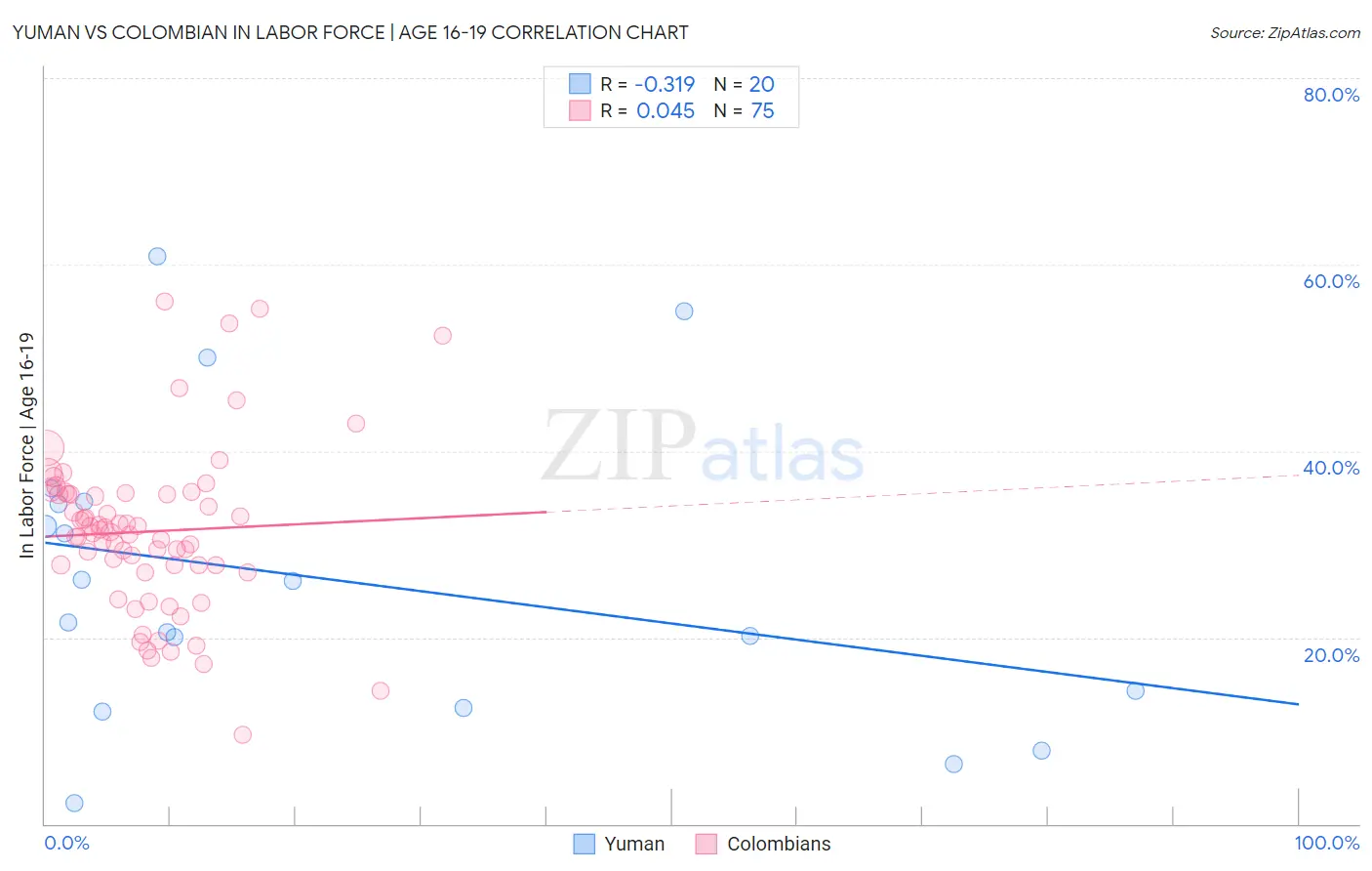 Yuman vs Colombian In Labor Force | Age 16-19