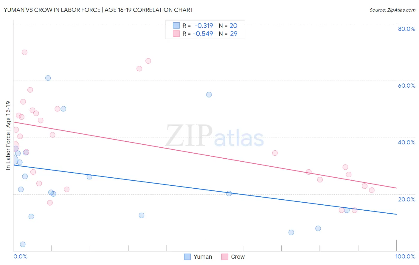 Yuman vs Crow In Labor Force | Age 16-19