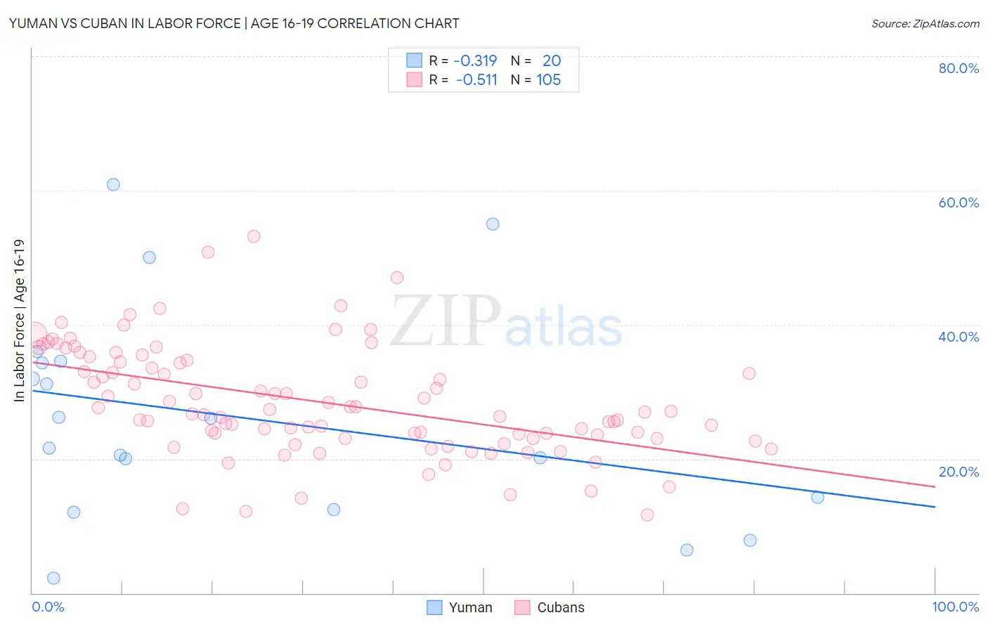 Yuman vs Cuban In Labor Force | Age 16-19