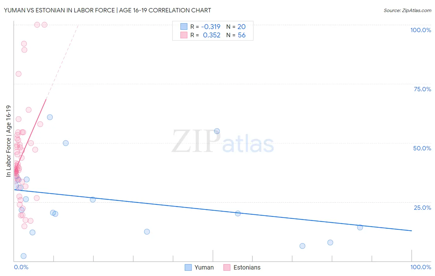 Yuman vs Estonian In Labor Force | Age 16-19