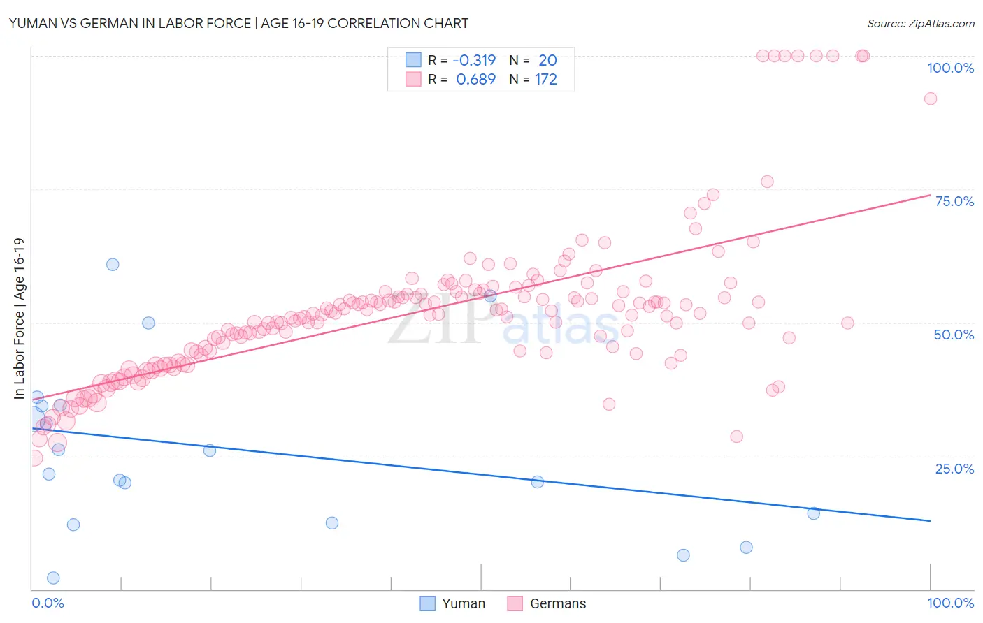 Yuman vs German In Labor Force | Age 16-19