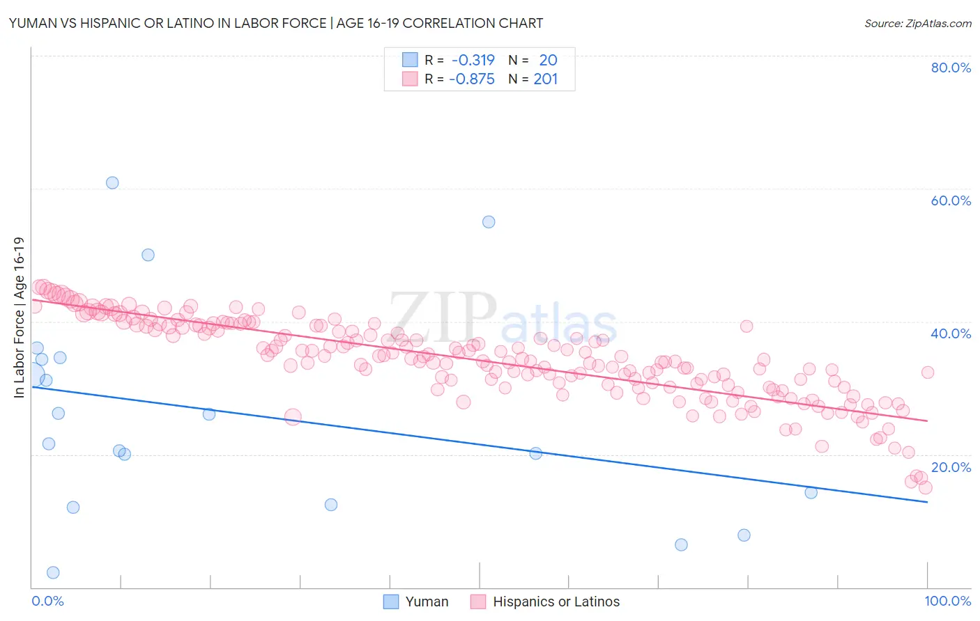 Yuman vs Hispanic or Latino In Labor Force | Age 16-19