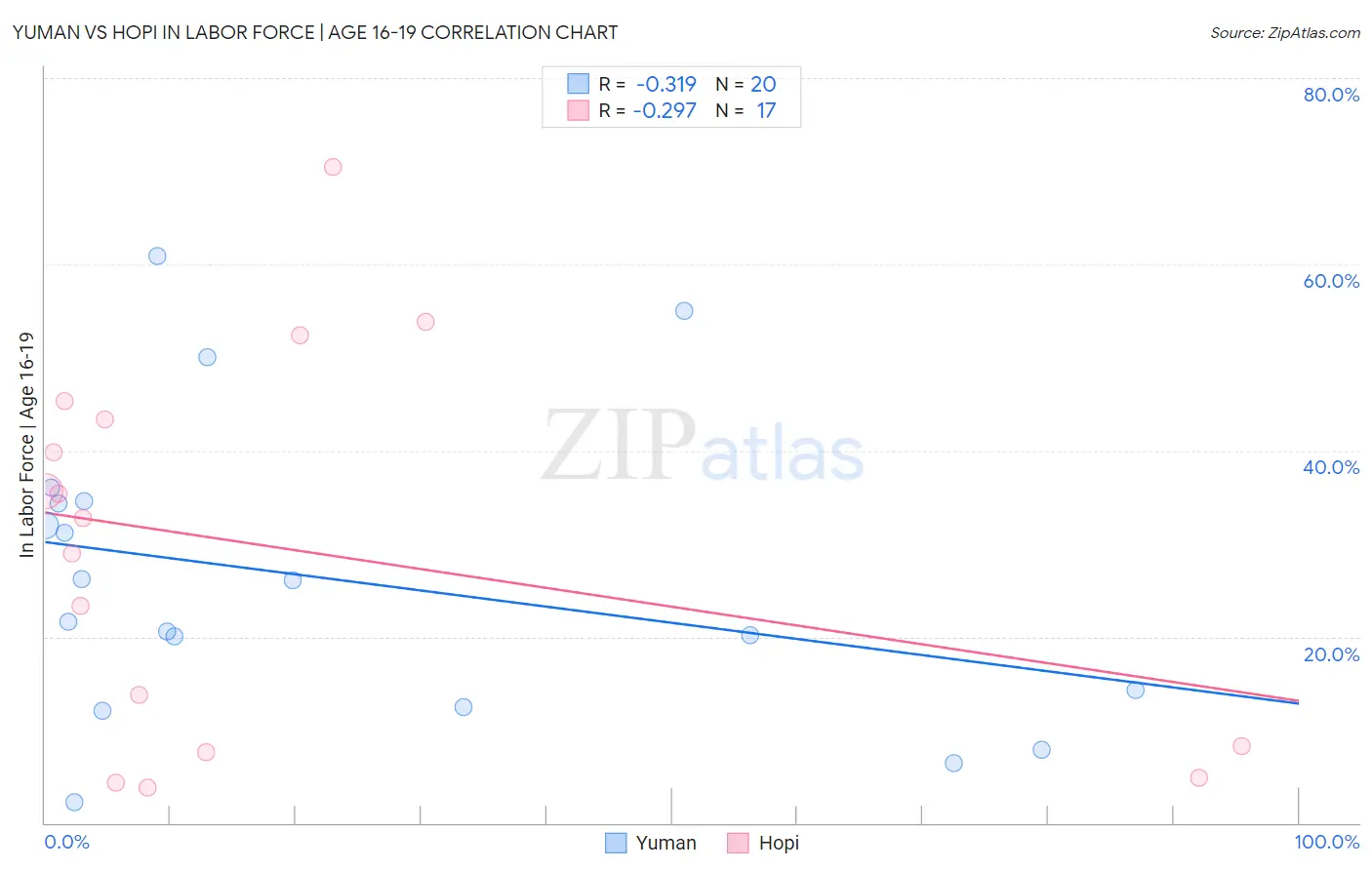 Yuman vs Hopi In Labor Force | Age 16-19