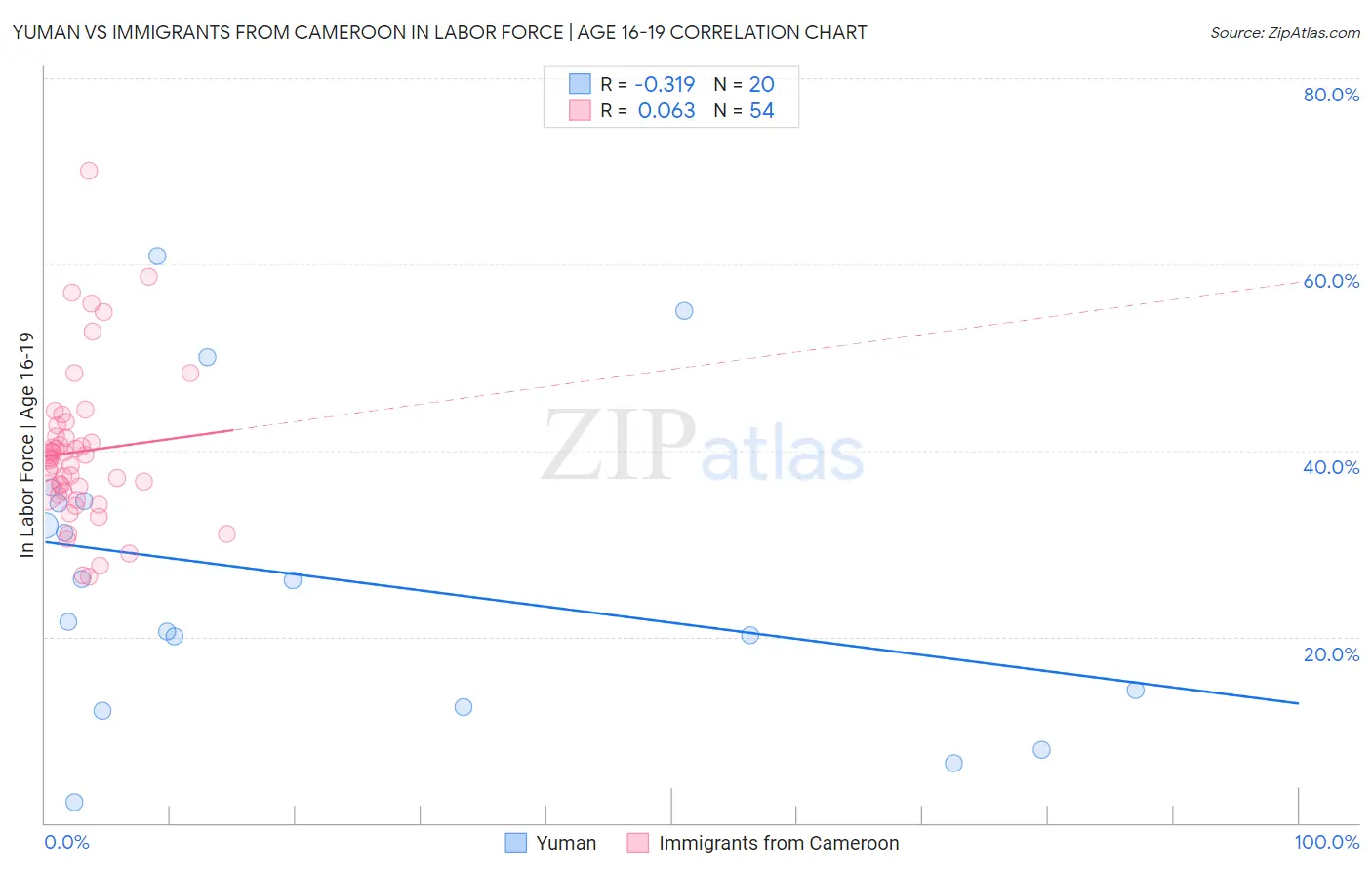 Yuman vs Immigrants from Cameroon In Labor Force | Age 16-19