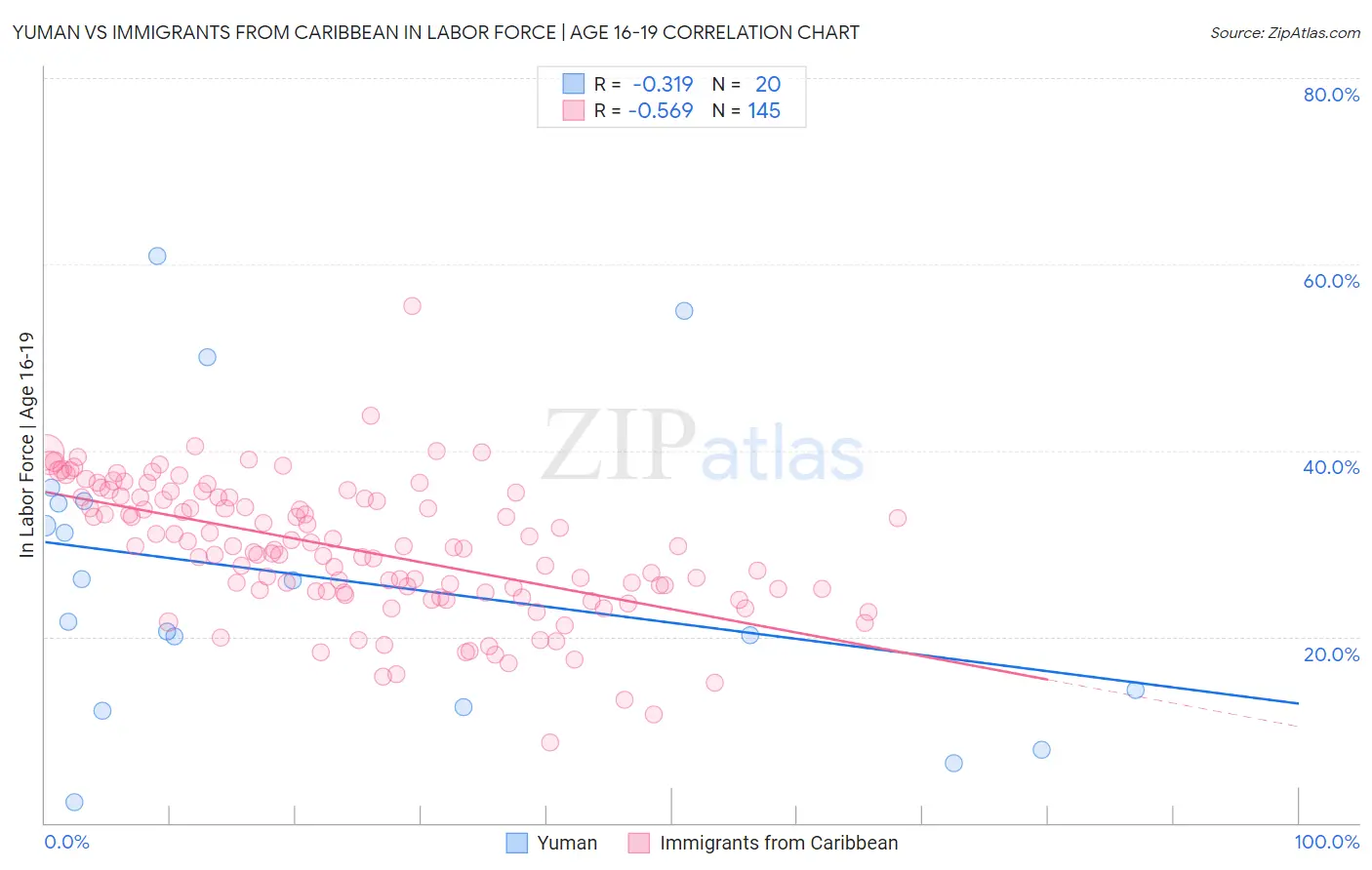 Yuman vs Immigrants from Caribbean In Labor Force | Age 16-19