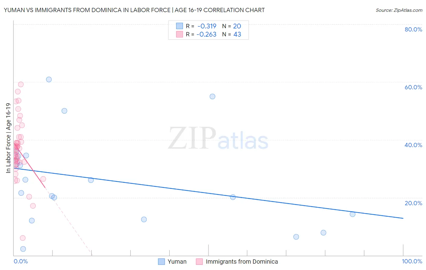 Yuman vs Immigrants from Dominica In Labor Force | Age 16-19