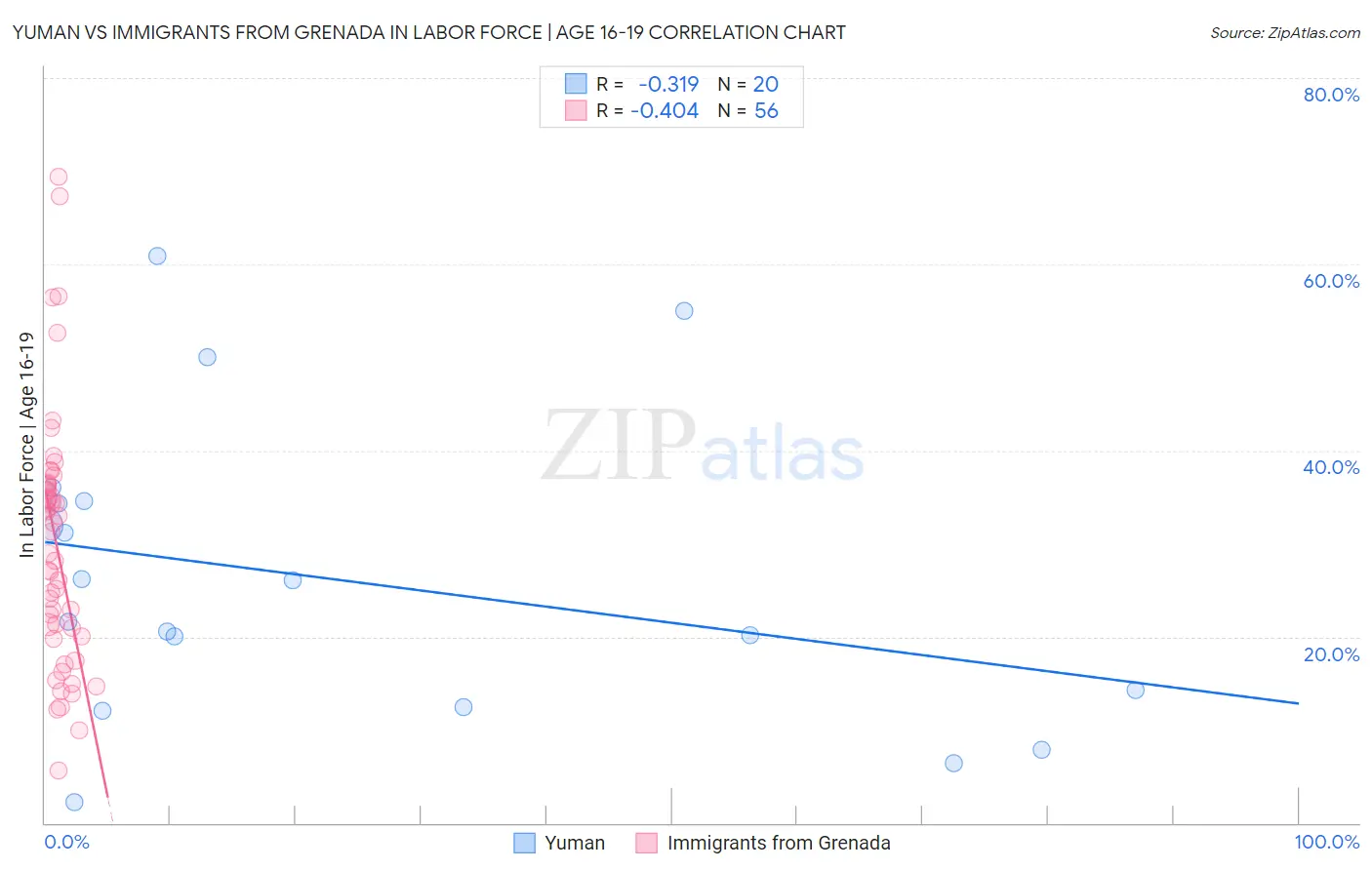 Yuman vs Immigrants from Grenada In Labor Force | Age 16-19