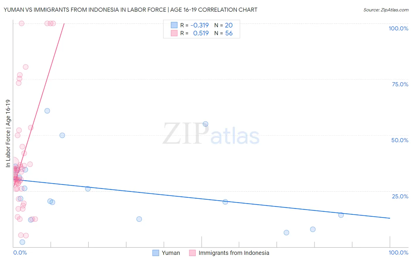 Yuman vs Immigrants from Indonesia In Labor Force | Age 16-19
