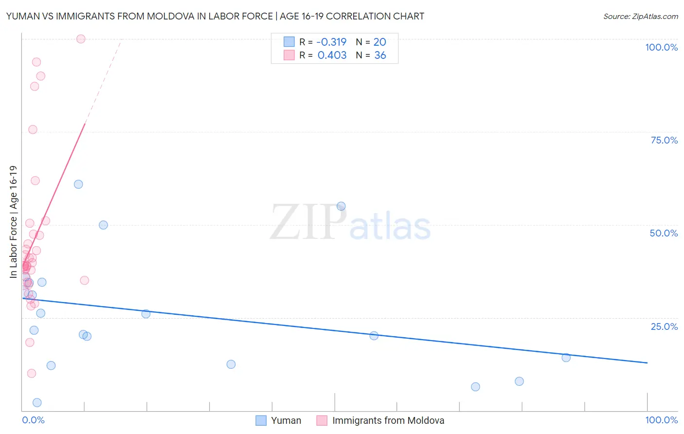 Yuman vs Immigrants from Moldova In Labor Force | Age 16-19