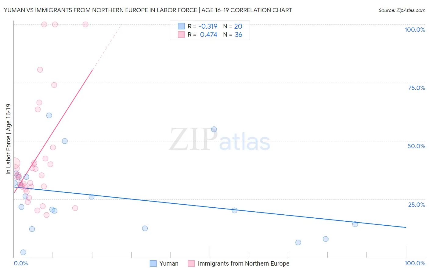 Yuman vs Immigrants from Northern Europe In Labor Force | Age 16-19