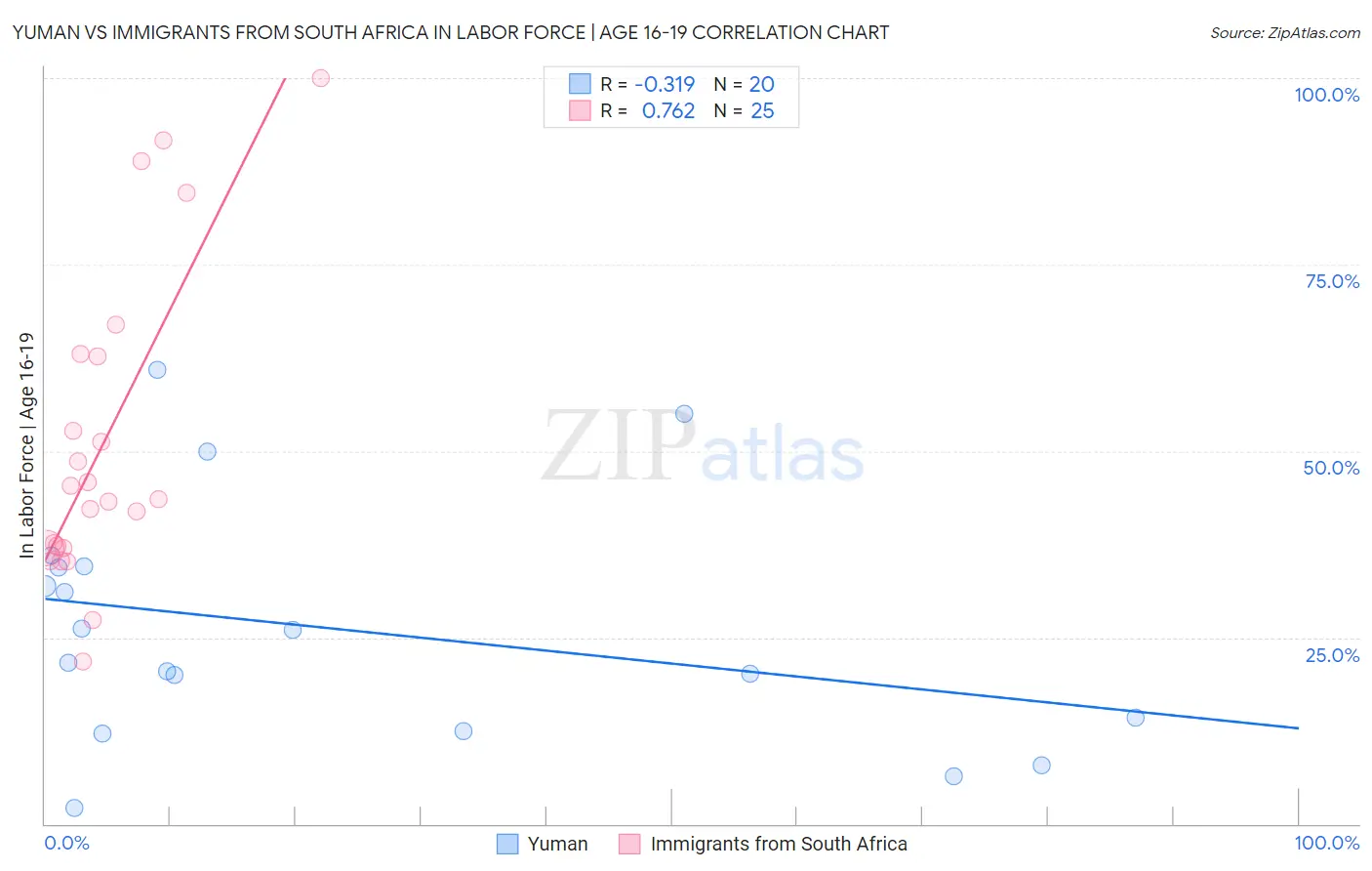 Yuman vs Immigrants from South Africa In Labor Force | Age 16-19