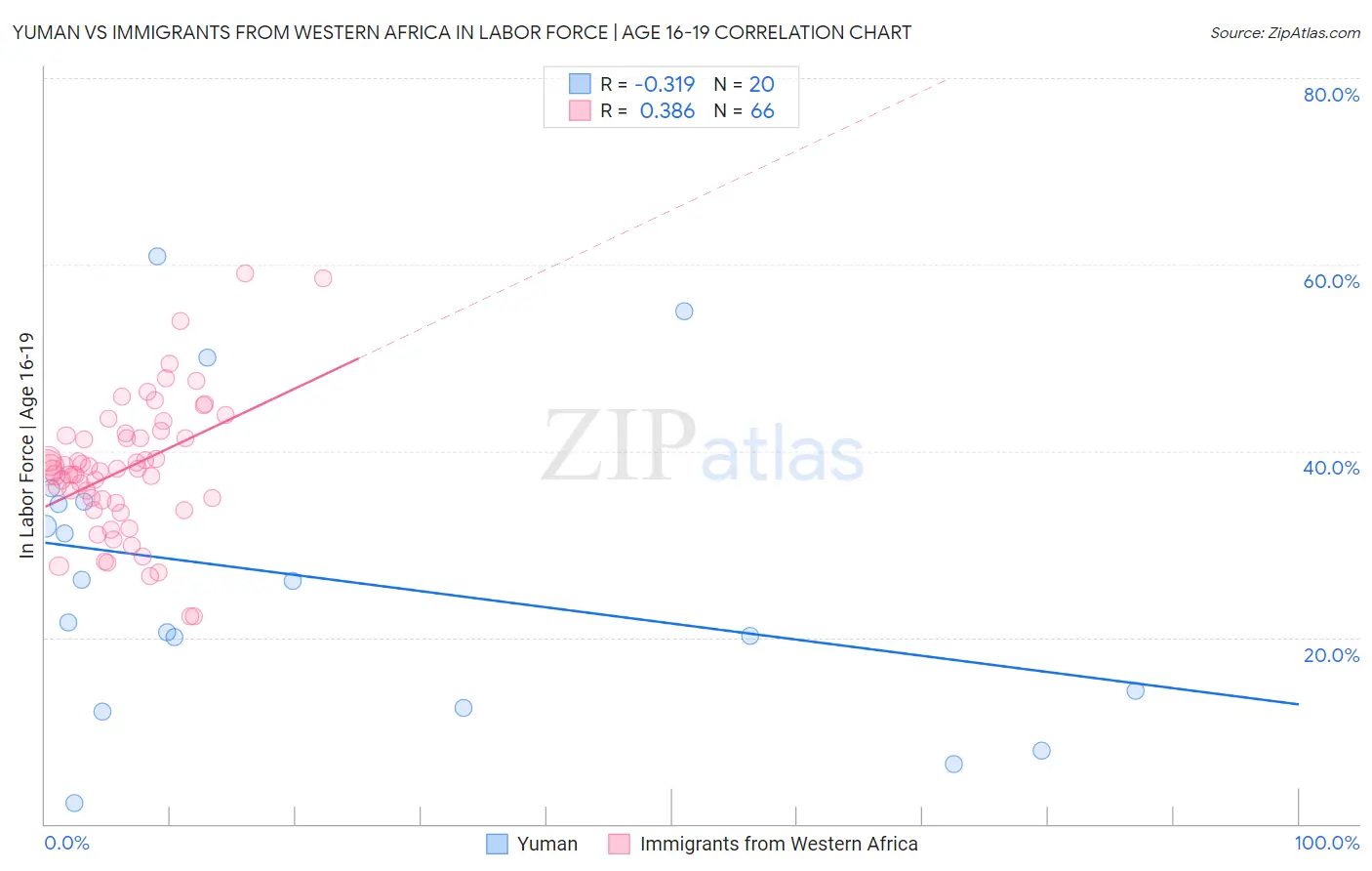 Yuman vs Immigrants from Western Africa In Labor Force | Age 16-19