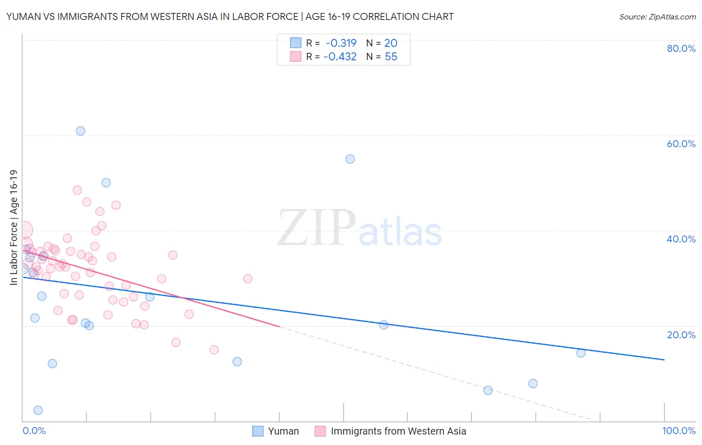 Yuman vs Immigrants from Western Asia In Labor Force | Age 16-19
