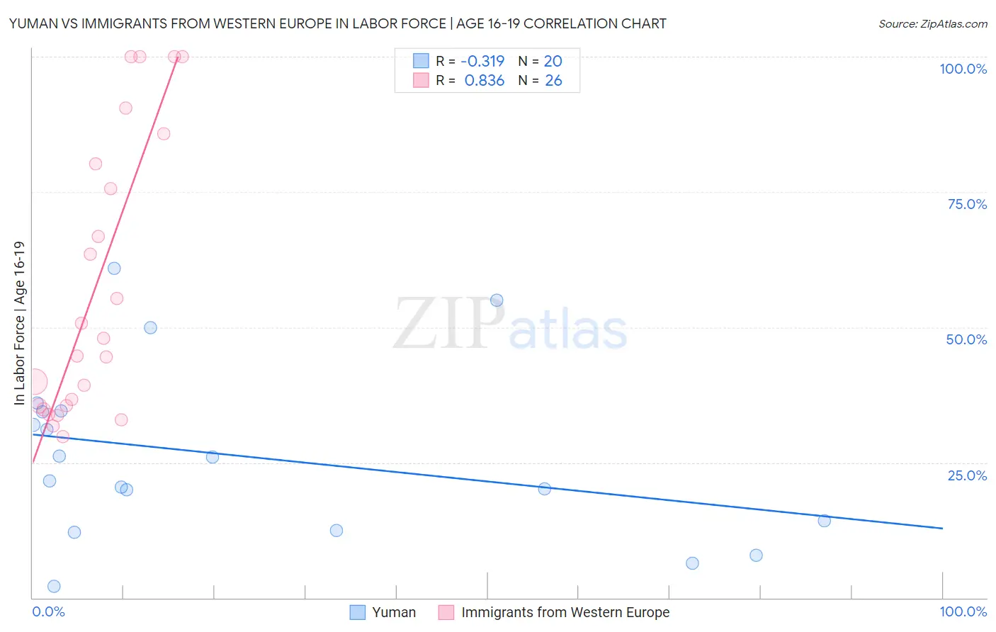 Yuman vs Immigrants from Western Europe In Labor Force | Age 16-19