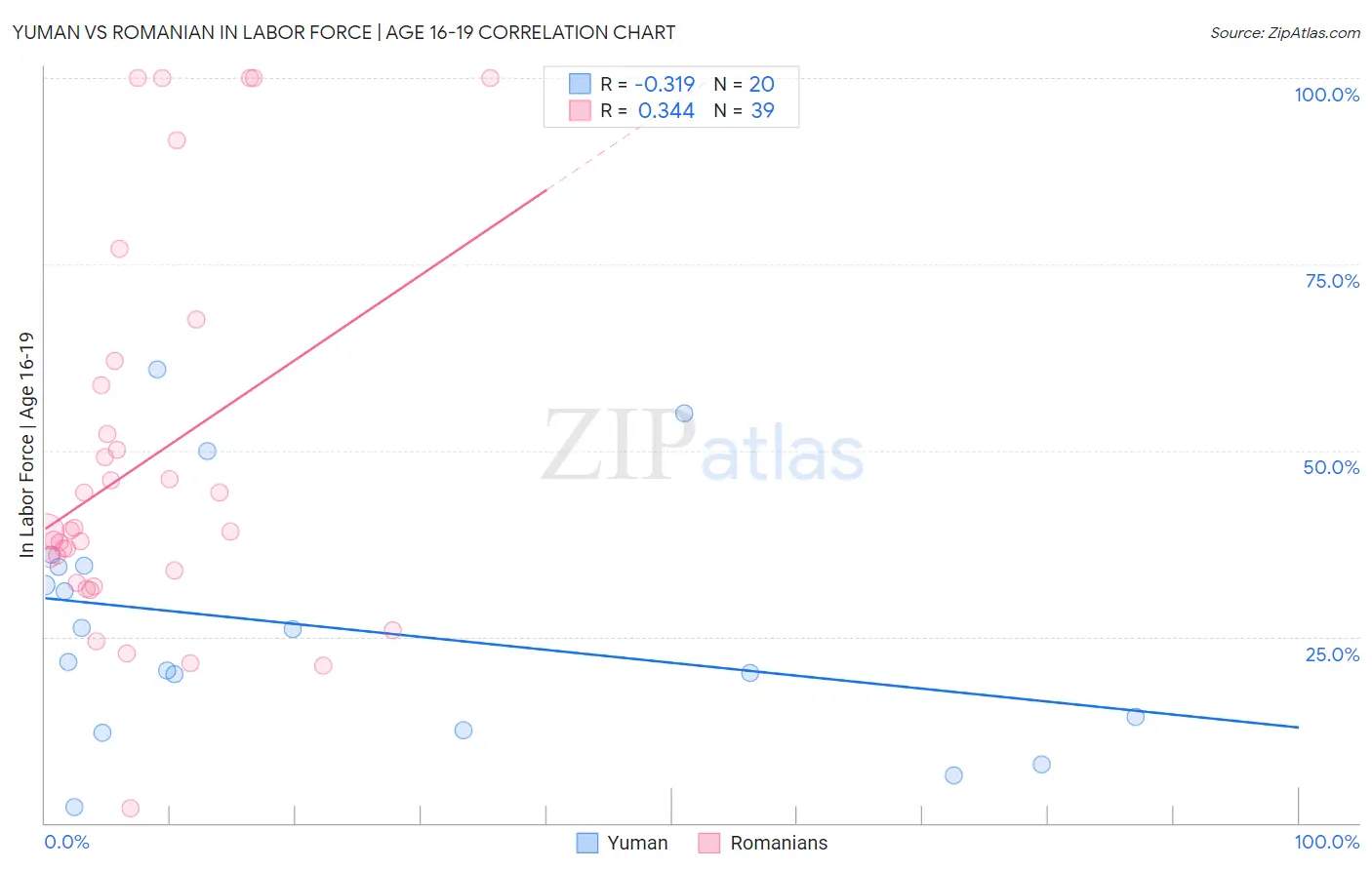Yuman vs Romanian In Labor Force | Age 16-19