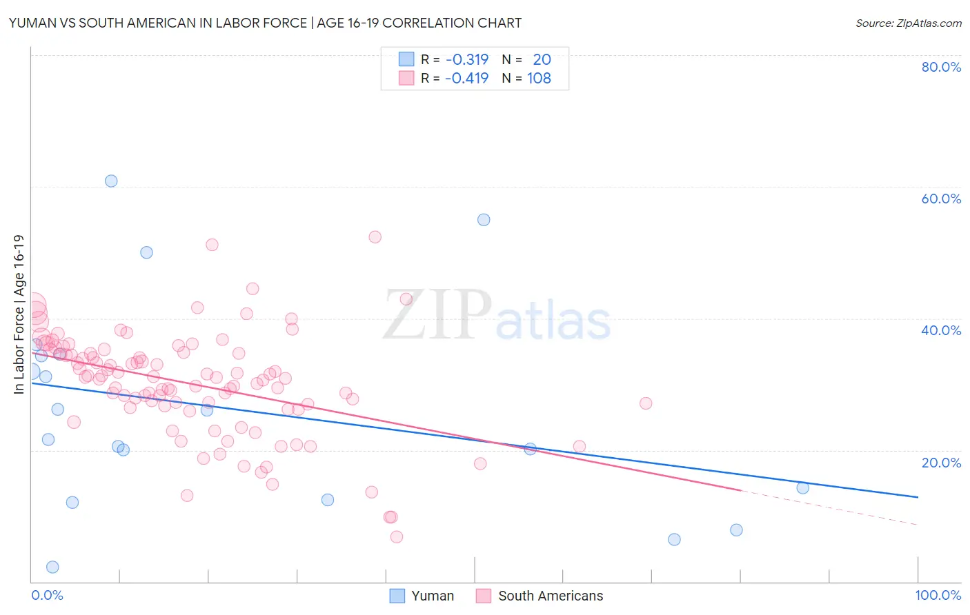 Yuman vs South American In Labor Force | Age 16-19