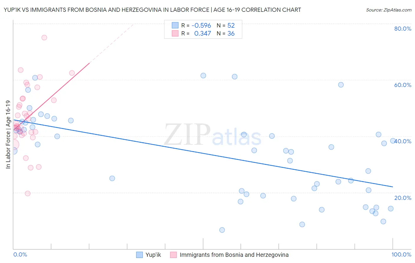 Yup'ik vs Immigrants from Bosnia and Herzegovina In Labor Force | Age 16-19