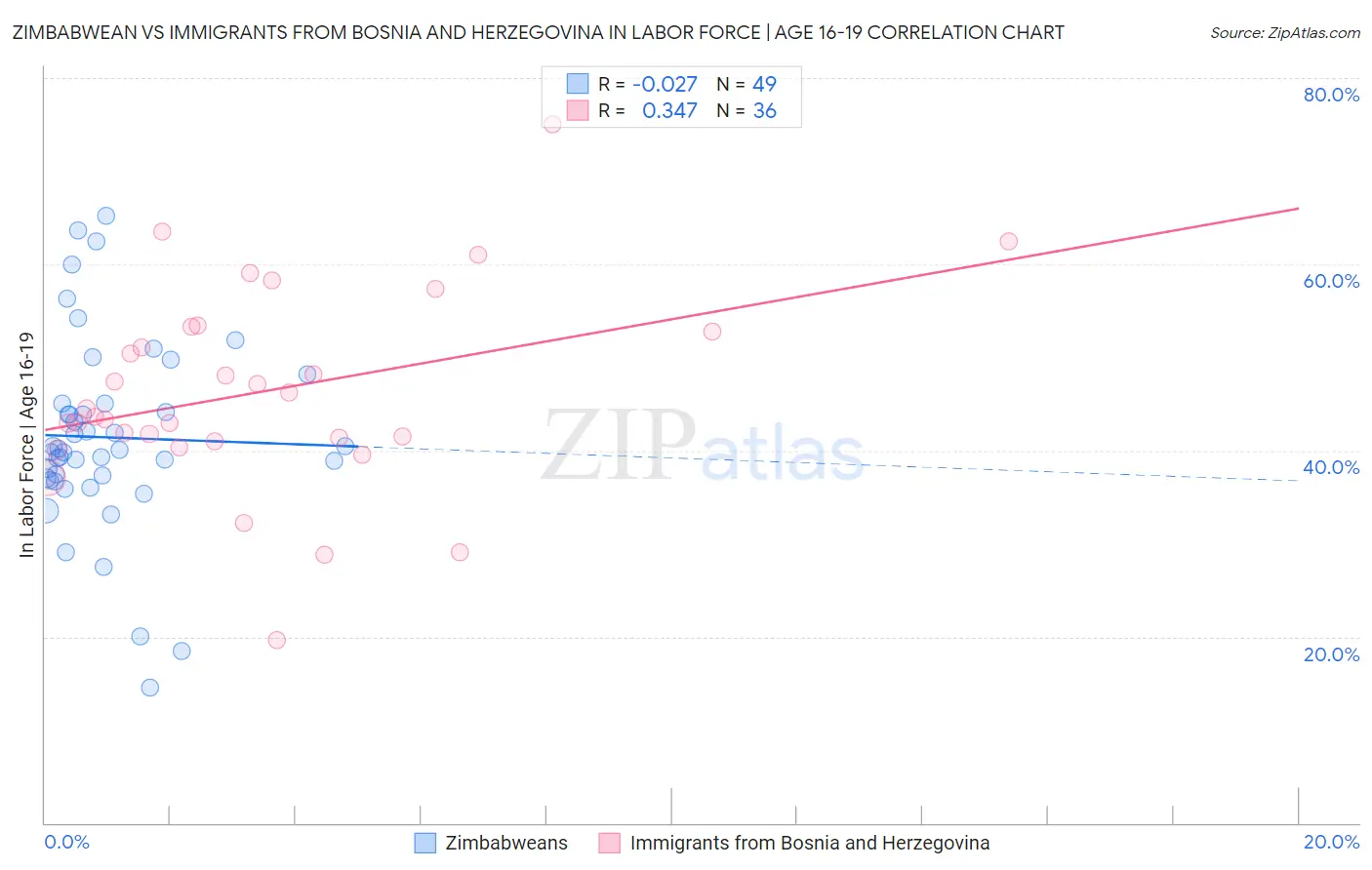 Zimbabwean vs Immigrants from Bosnia and Herzegovina In Labor Force | Age 16-19