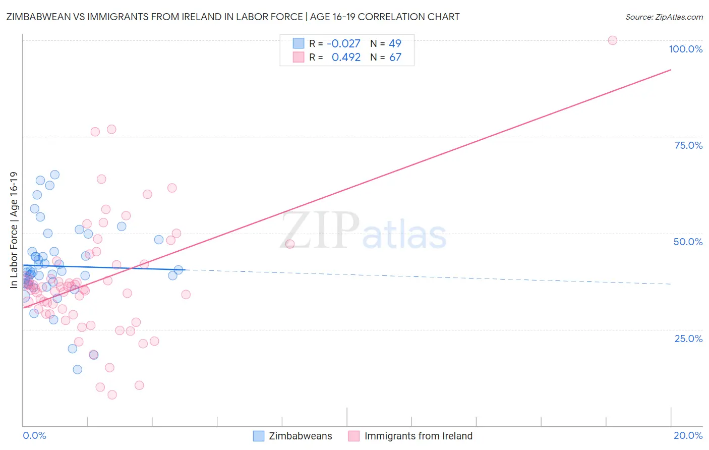 Zimbabwean vs Immigrants from Ireland In Labor Force | Age 16-19